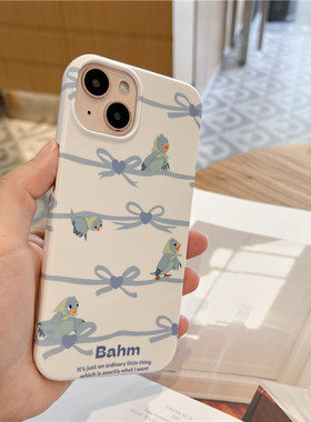 苹果15promax手机壳女款卡通可爱鹦鹉防摔个性创意ins风小清新14pro菲林壳潮牌蓝色蝴蝶结小鸟iphone13保护套