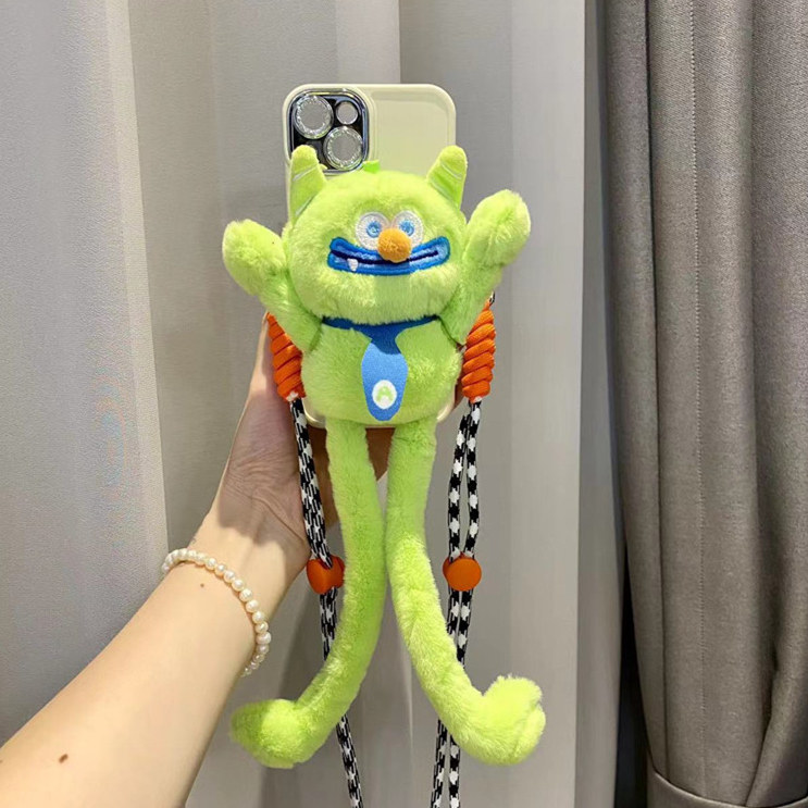 苹果手机支架毛绒搞怪冬季卡通可爱超萌女款打工怪公仔手机背夹