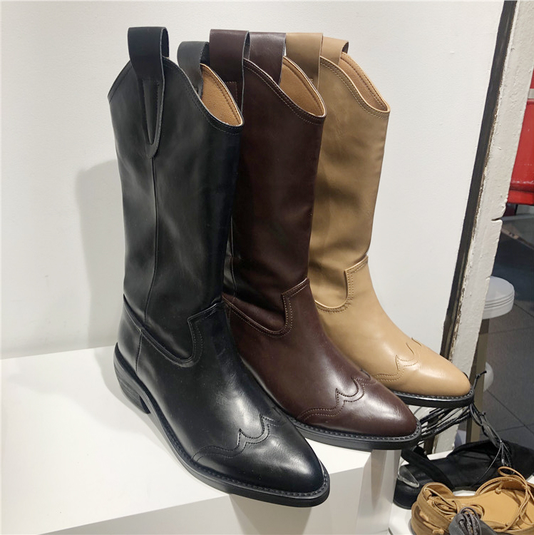 套筒尖头加绒中筒西部靴粗跟女鞋