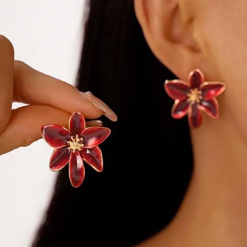 Red Dripping Oil Flower Stud Earrings for Women Fashion Meta