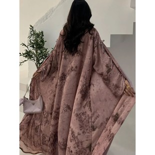 Women Print with Scarf Open Dress Bow Sleeve Caftan Long R