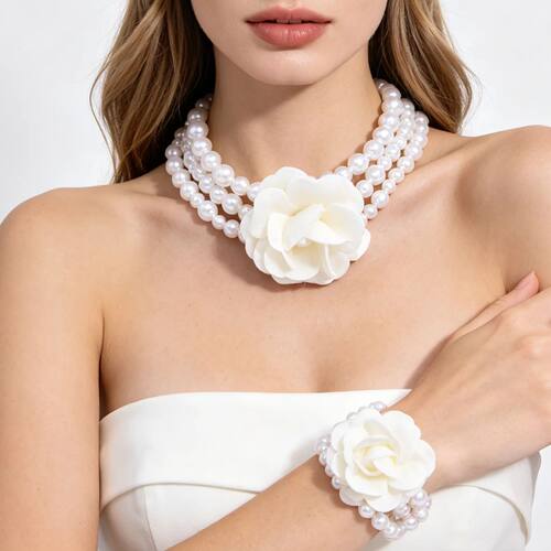 Imitation Pearl Chain Flower Necklace Bracelet Set French Re