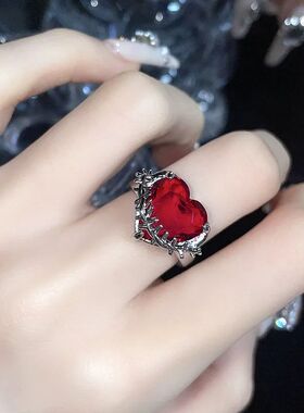 Y2K Red Crysal Rings Kpop Hear Adjusable Ring Irregular Geom