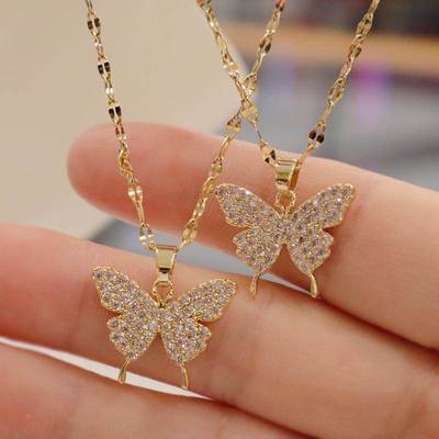 Shiny Butterfly Necklace Exquisite Golden Crystal Pendant Co