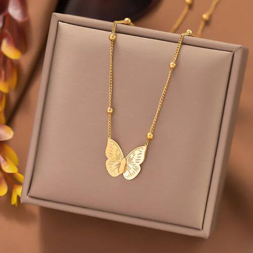 Gold Color Frosted Butterfly Pendant Necklace For Women Girl