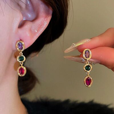 Classic Colorful Zircon Oval Meal Drop Earrings for Women Vi