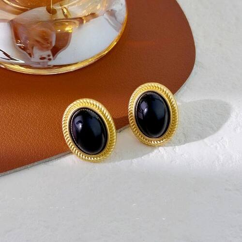 New Retro Gold Color Metal Line Black Oval Shaped Stud Earri