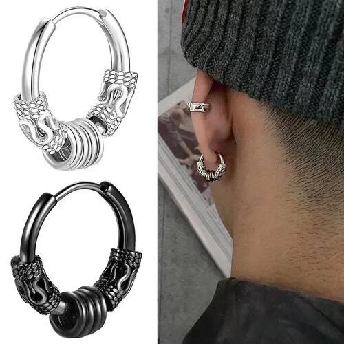 2Pcs Punk Stainless Steel Round Circle Totem Cool Hoop Earri