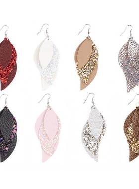 3 Layers Genuine Leather Teardrop Drop Earrings Glittering L