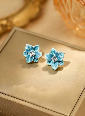 Blue Enamel Flower Stud Earrings for Women, Shiny Crystal Ce