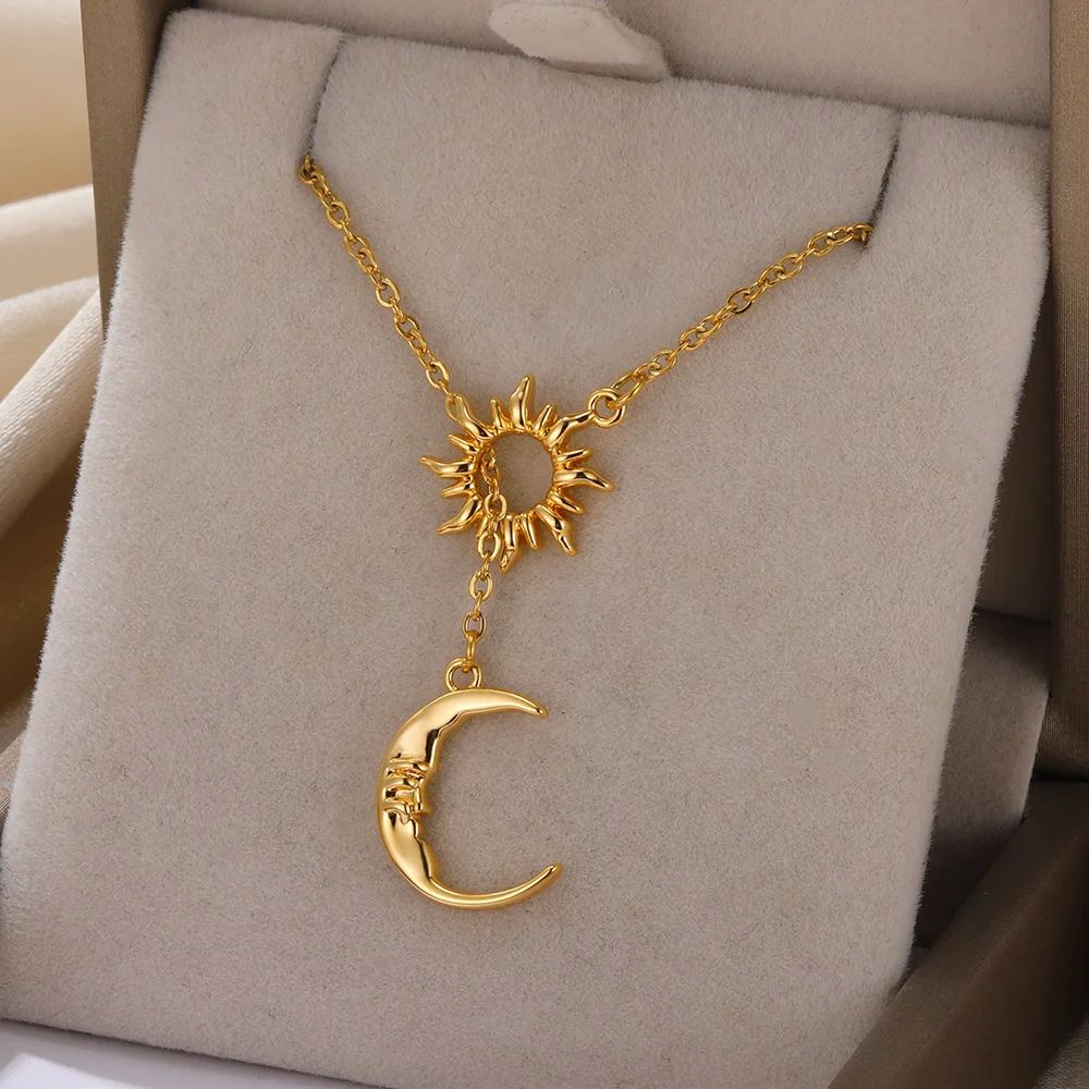 Fashion Moon Sun Pendant Necklace For Women Gold Color Stain