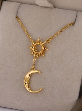 Fashion Moon Sun Pendant Necklace For Women Gold Color Stain