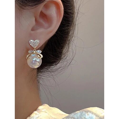 Elegant Faux Pearl Bowknot Heart Rhinestone Drop Earrings Fo