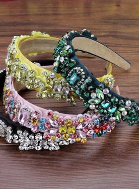 Wide Luxury Green Pink Yellow Crystal Princess Hairbands Flo
