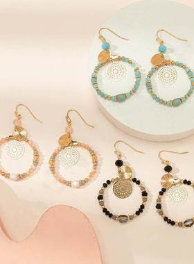 Fashion Designer Round Crystal Beaded Hanging Earrings Women