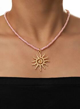 Sun Pendant Twisted Rope Choker Necklace Boho Gold Tone Sunb