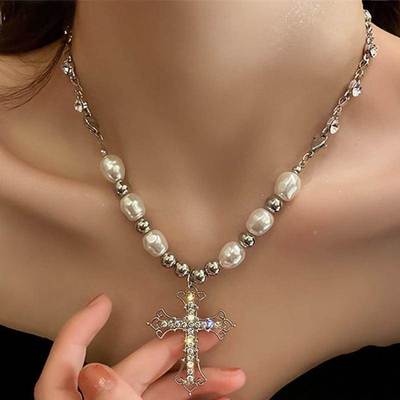 Fashion ins wind hip hop retro pearl necklace Christian cros