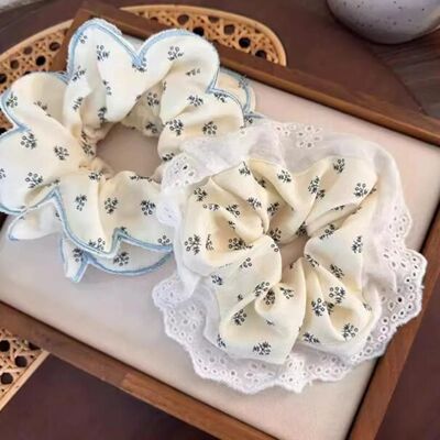 2pcs Light Blue Sweet Floral Scrunchies, French Countryside