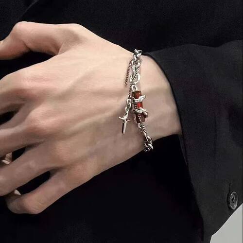 Punk Red Zircon Star Bracelet for Women Men Vintage Silver C