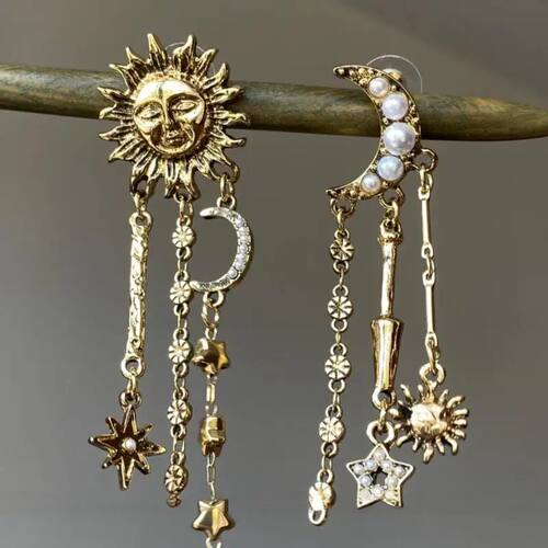 New Pearl Sun Moon Star Asymmetric Earrings Retro Dangle Ear