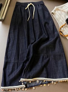Women's Lace Trim Denim Skirt Drawstring Waist A-Line Soild
