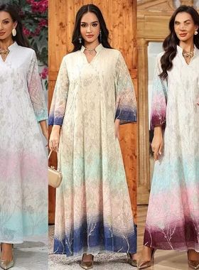 Faionable adien Embroidered Robe Dr Long Sve Deep V Ne a Lin