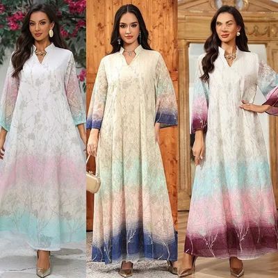 Faionable adien Embroidered Robe Dr Long Sve Deep V Ne a Lin