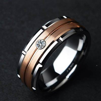 Fashion 8mm Men's Double Groove Beveled Steel Ring Rose Gold