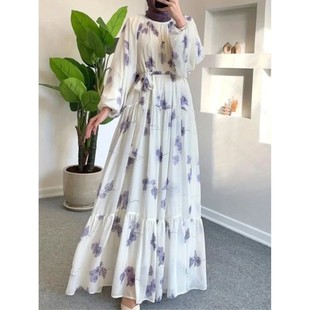 Chiffon Dress Women Women Flower Print A-line Dresses Robe