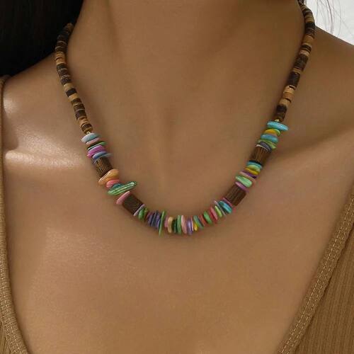 Boho Ethnic Style Colorful Stone Wood Beaded Choker Necklace