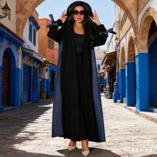 Women  Long Dress Patchwork Lace Up Saudi Cardigan Robe Jala