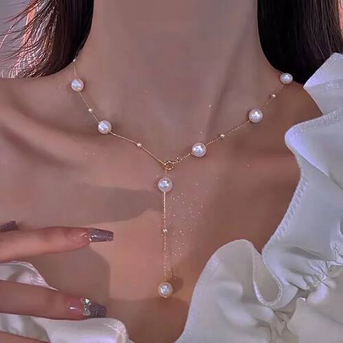 New Simple Long Imitation Pearls Back Necklace for Women Sex