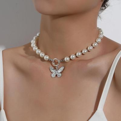 Antique Pearl Chain Necklace With Butterfly Pendant Charms S