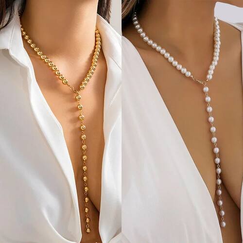 Simple Pearl Beads Long Tassel Pendant Necklace Women Choker