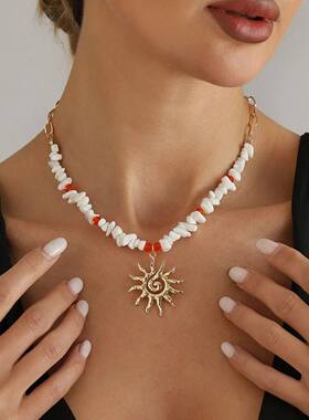 Boho Sun Pendant Necklace White Stone Beaded Gold Chain Summ