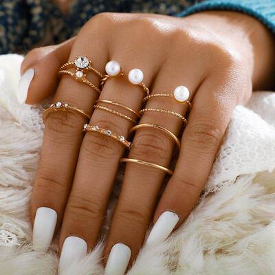 Pearl Bohemian Matching Rings Gold Plated Jewelry Sets Pearl