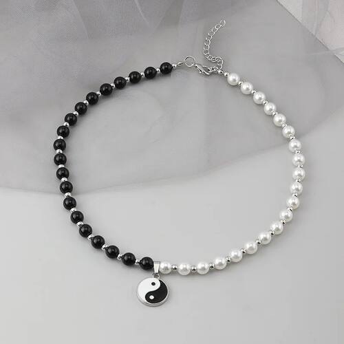 Black White Pearl Beads Chain Necklace for Man Round Tai Ji