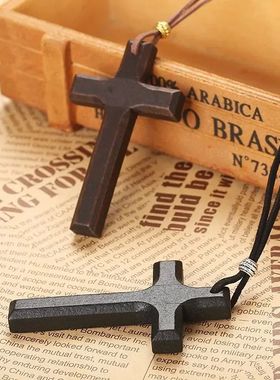 Fashion Cross Wooden Pendant Men's and Women's Necklace Blac