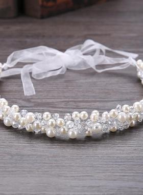 New Crystal Beads Ribbon Bridal Hairbands Women Pearl Headba