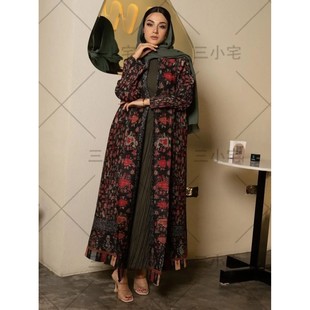 Open Dress Women Print Morocco Dubai Kaftan Pleated Stch Ma