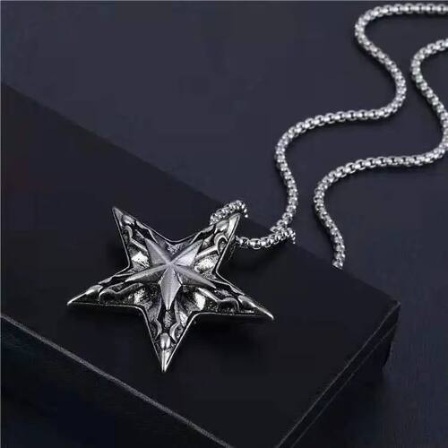 Five Pointed Star Necklace for Men Women, Stainless Steel Si
