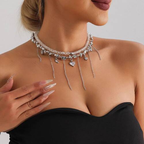White Beaded Multi-Layer Choker Necklace Sweet Moon Star Hea