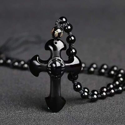Vintage Christian Cross Obsidian Pendant Beaded Necklace Men