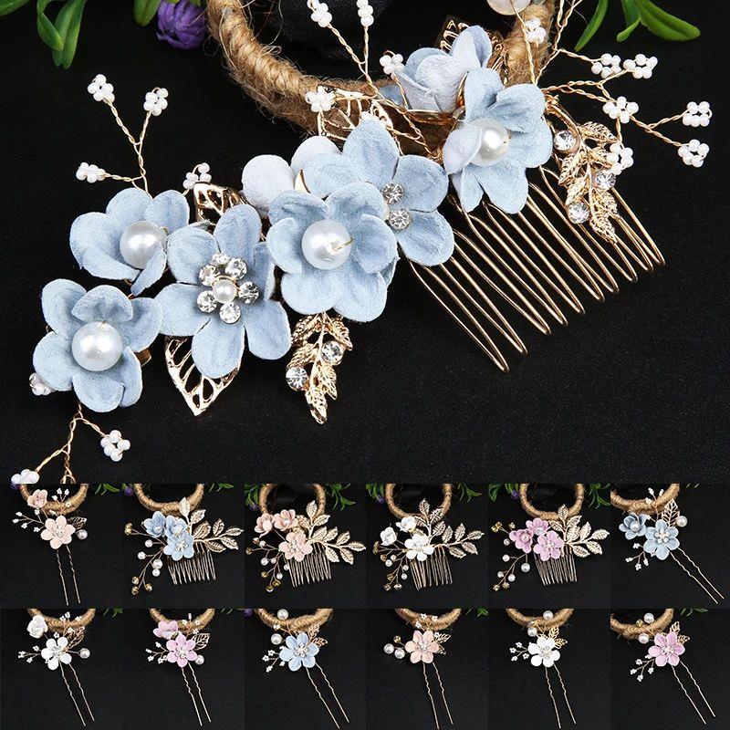 Gold Color Pearl Rhinestone Flower Wedding Hair Combs Hair A