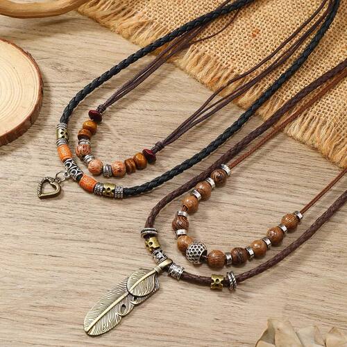 Bohemian Layered Leather Necklace Wooden Bead Feather Love H