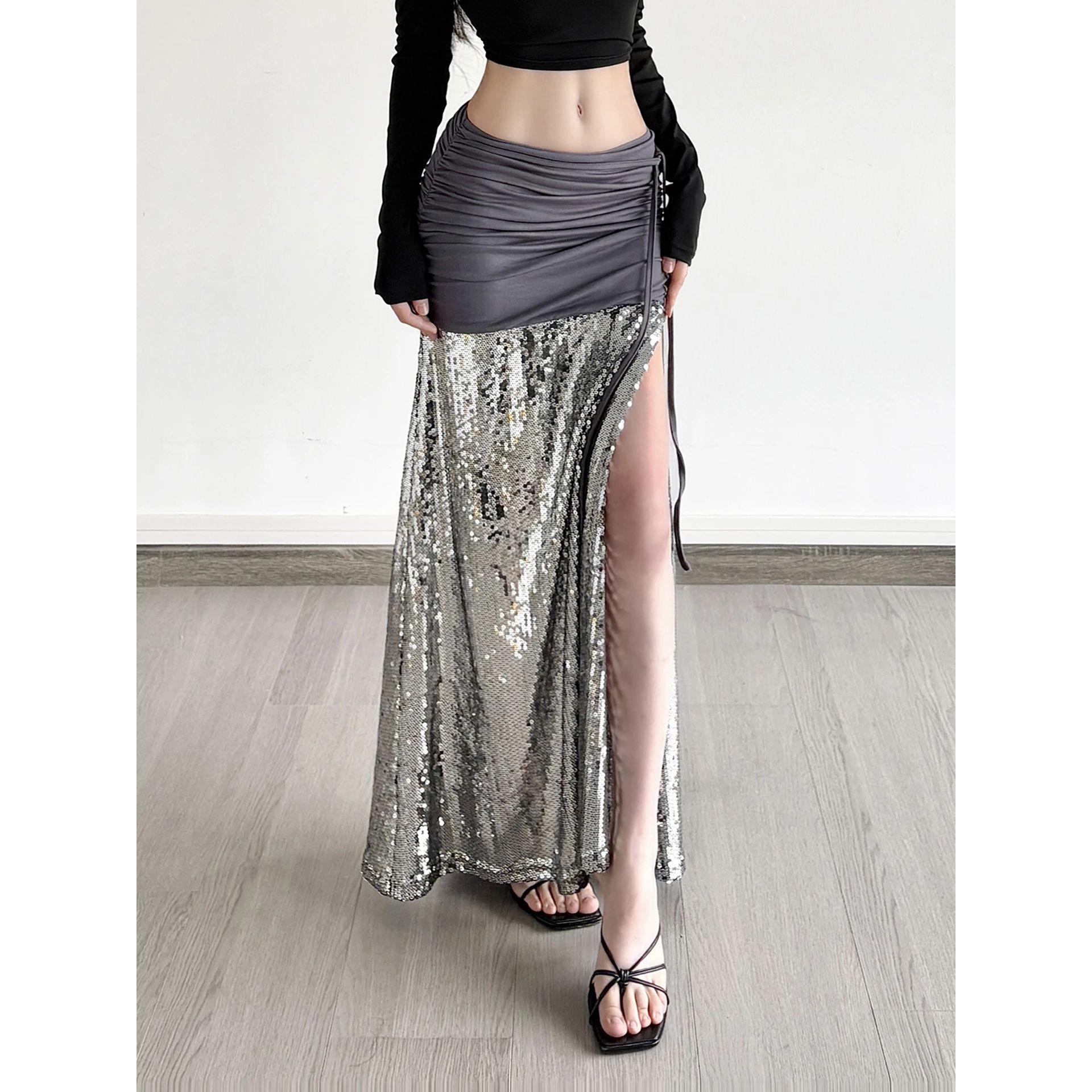 Silver Sequined Spliced Slit Skirts Sexy Low Waisted Floor L