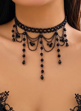 Creative Goth Black Water Drop Crystal Tassel Pendant Choker