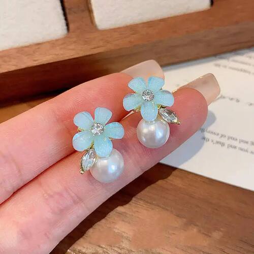 Sweet Cute Blue Flower Pearl Drop Earrings for Women Romanti