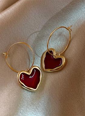 Sweet Burgundy Enamel Heart Earrings for Women Girl Gold Col