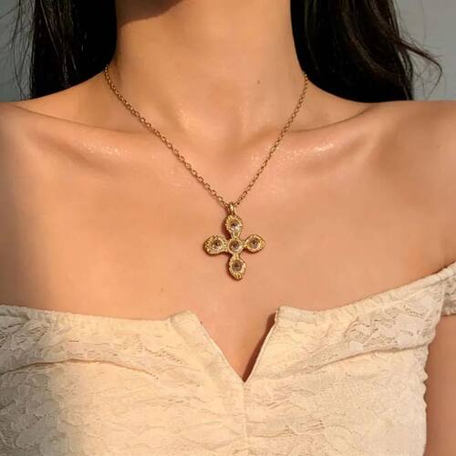 Zircon Cross Pendant Necklace for Women Men Fashion Gold Col